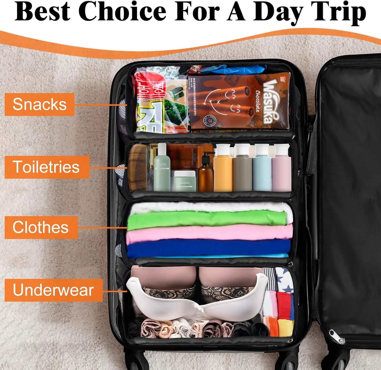 Suitcase Organizer, Carry On Closet Luggage Organizer Accessories - Foldable, Hangable Portable Hanging Travel Shelves With Shoulder Strap, Small, Black