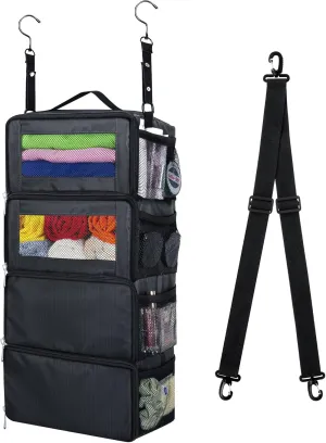 Suitcase Organizer, Carry On Closet Luggage Organizer Accessories - Foldable, Hangable Portable Hanging Travel Shelves With Shoulder Strap, Small, Black