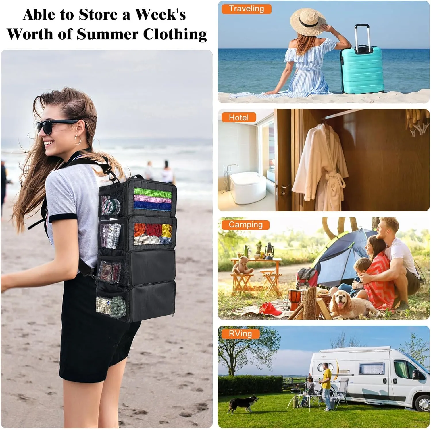 Suitcase Organizer, Carry On Closet Luggage Organizer Accessories - Foldable, Hangable Portable Hanging Travel Shelves With Shoulder Strap, Small, Black