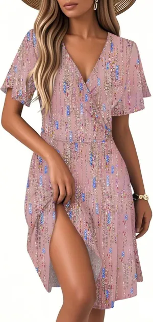 Summer Dress for Women Short Sleeve Warp V Neck Boho Floral Print Casual Ruffled A-Line Flowy Midi Sundress