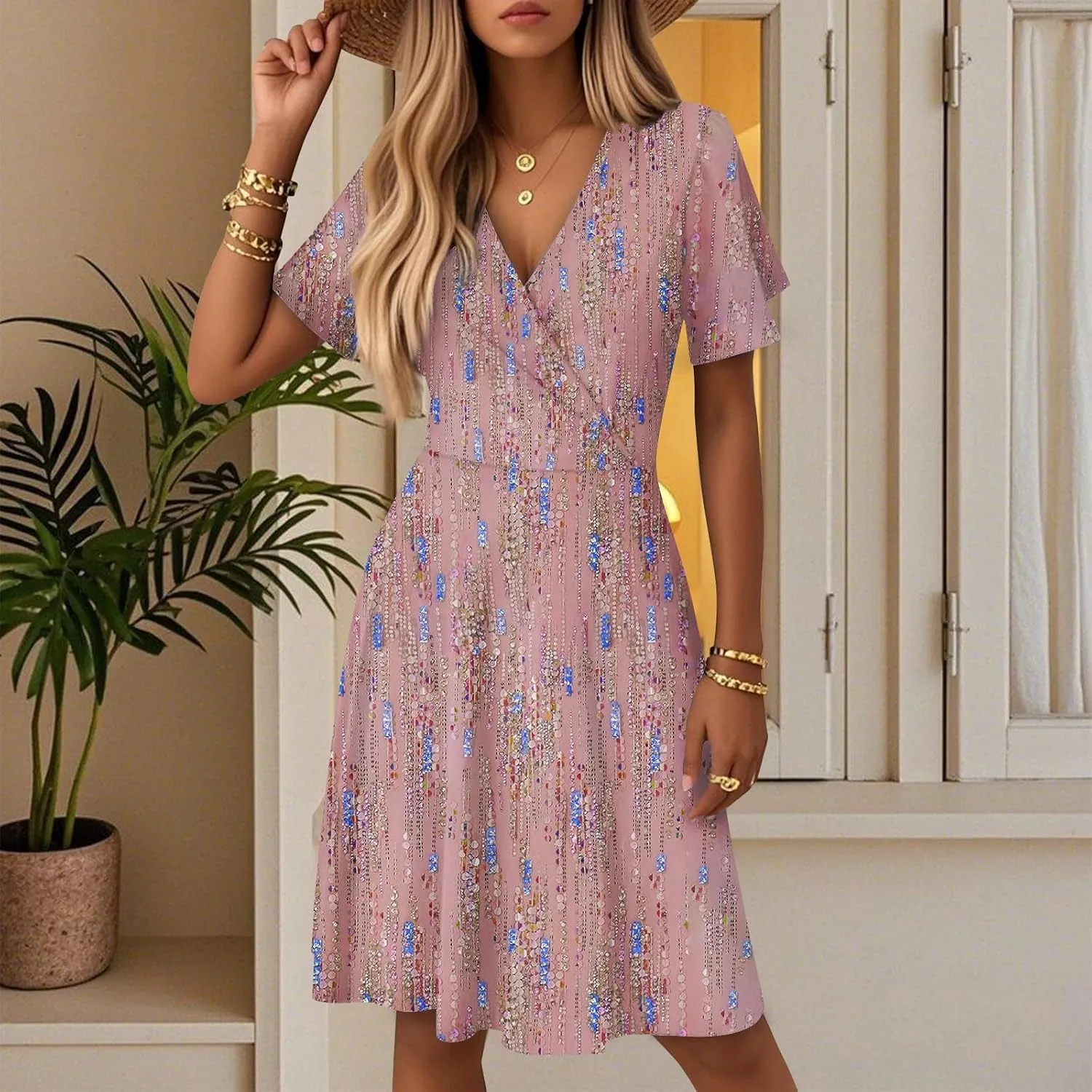 Summer Dress for Women Short Sleeve Warp V Neck Boho Floral Print Casual Ruffled A-Line Flowy Midi Sundress