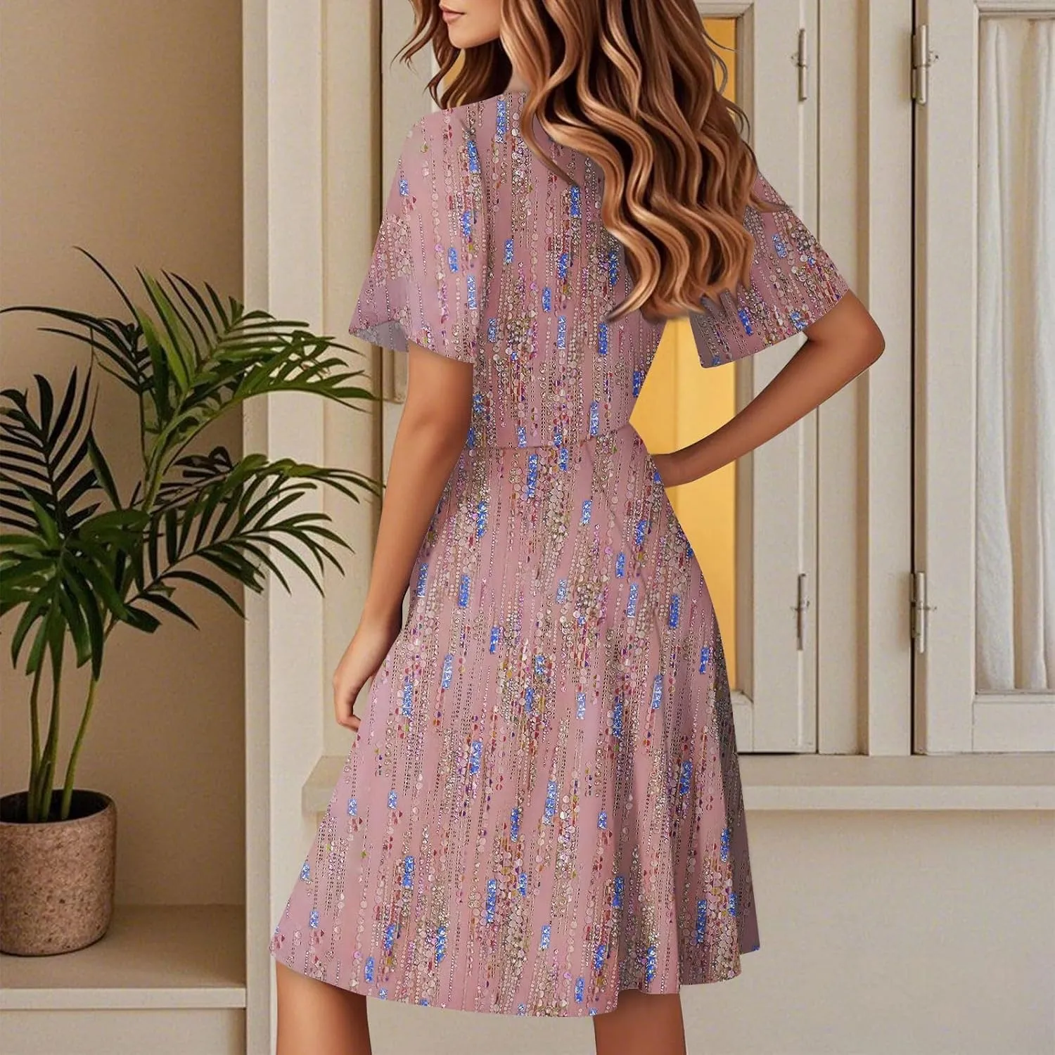 Summer Dress for Women Short Sleeve Warp V Neck Boho Floral Print Casual Ruffled A-Line Flowy Midi Sundress
