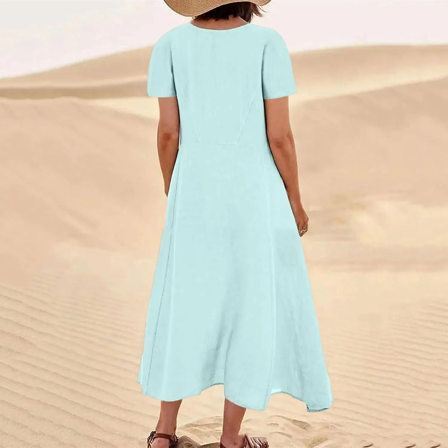 Summer Dresses for Women 2025 Short Sleeve Cotton Linen Maxi Dress Plus Size Crewneck Boho Dresses with Pockets