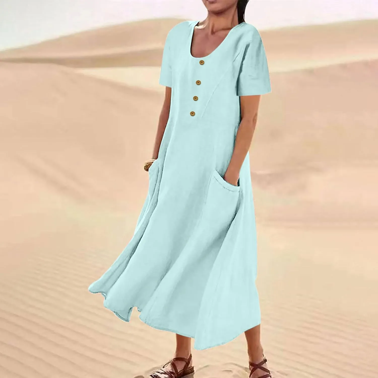 Summer Dresses for Women 2025 Short Sleeve Cotton Linen Maxi Dress Plus Size Crewneck Boho Dresses with Pockets