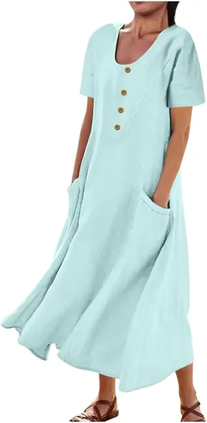 Summer Dresses for Women 2025 Short Sleeve Cotton Linen Maxi Dress Plus Size Crewneck Boho Dresses with Pockets