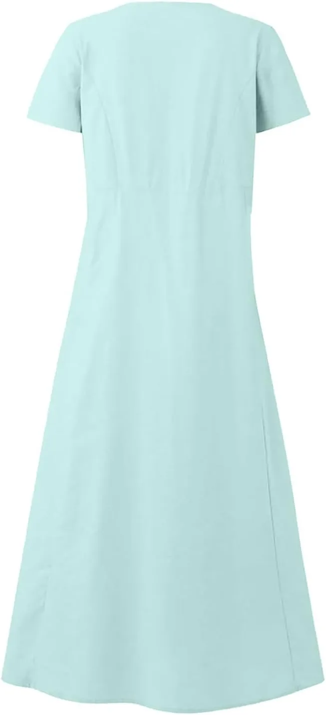 Summer Dresses for Women 2025 Short Sleeve Cotton Linen Maxi Dress Plus Size Crewneck Boho Dresses with Pockets