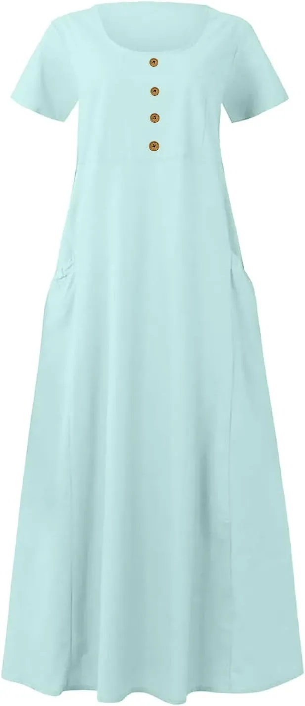 Summer Dresses for Women 2025 Short Sleeve Cotton Linen Maxi Dress Plus Size Crewneck Boho Dresses with Pockets