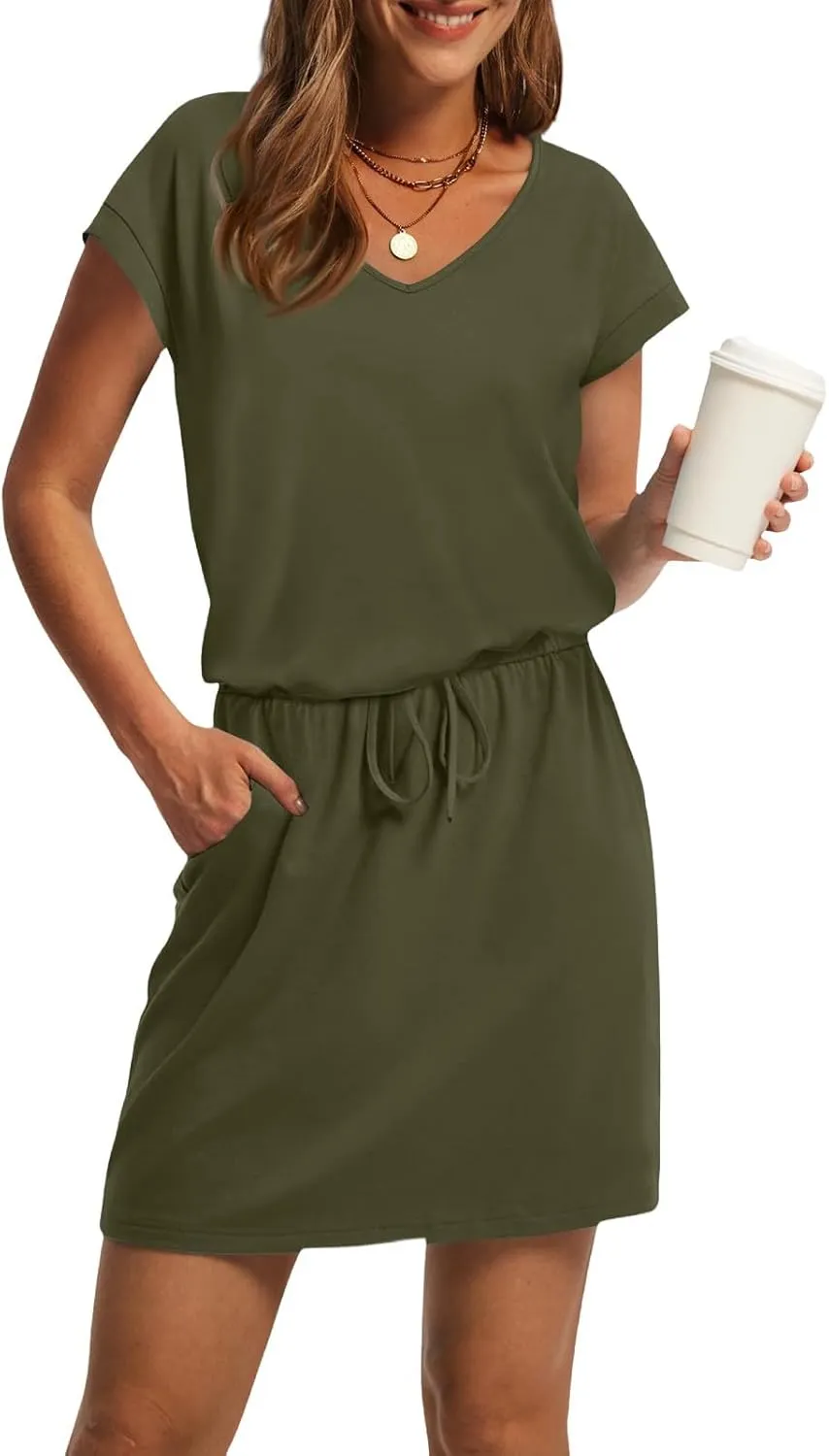 T Shirt Dresses for Women 2025 Short Sleeve V Neck Cinch Waist Dress Summer Mini Dress Casual Sundresses with Pockets