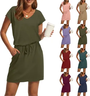 T Shirt Dresses for Women 2025 Short Sleeve V Neck Cinch Waist Dress Summer Mini Dress Casual Sundresses with Pockets