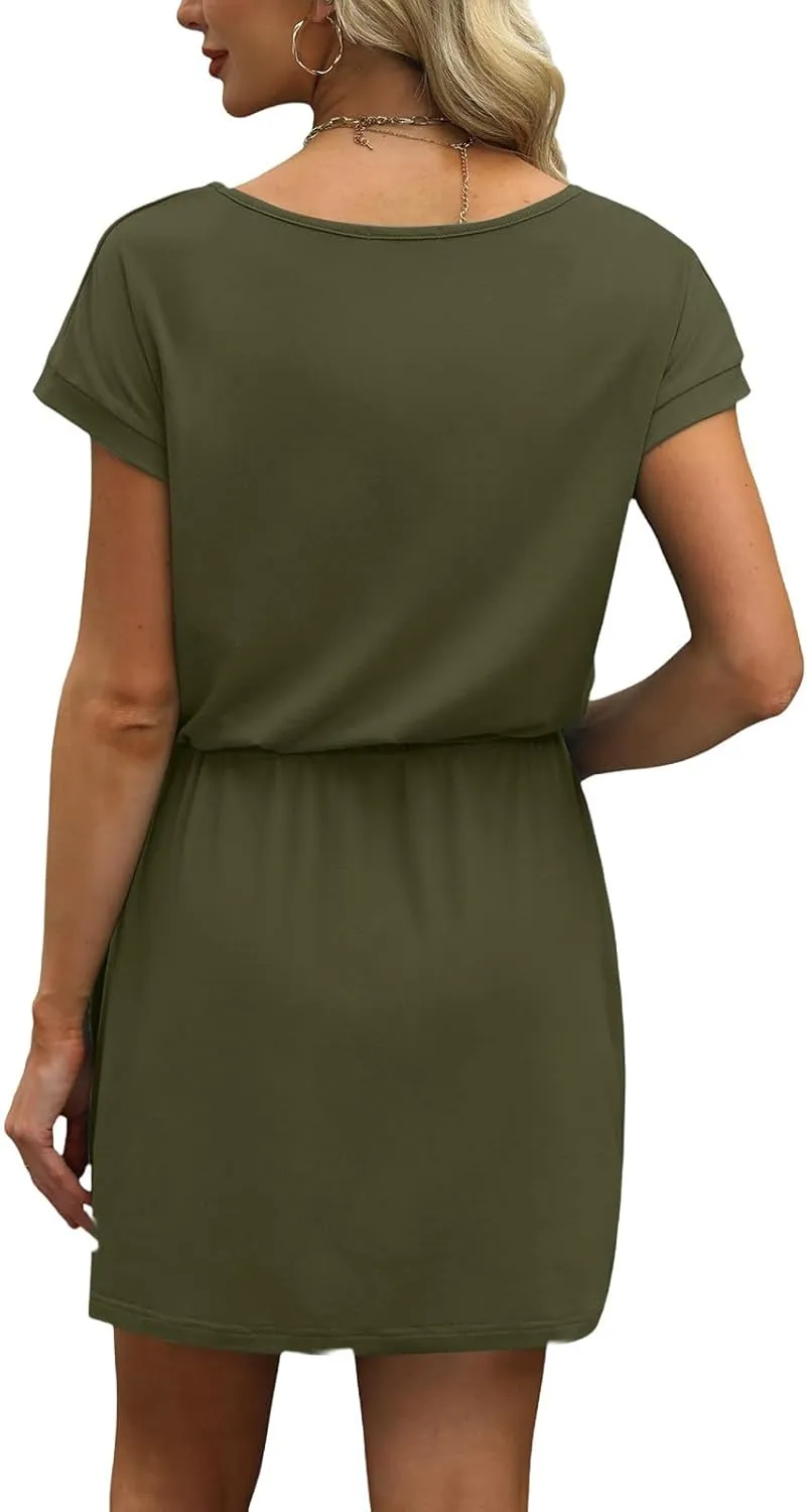 T Shirt Dresses for Women 2025 Short Sleeve V Neck Cinch Waist Dress Summer Mini Dress Casual Sundresses with Pockets