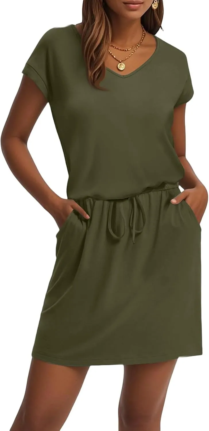 T Shirt Dresses for Women 2025 Short Sleeve V Neck Cinch Waist Dress Summer Mini Dress Casual Sundresses with Pockets