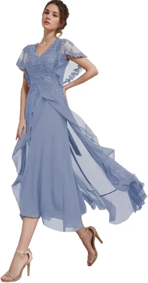 Tea Length Mother of The Bride Dresses for Wedding Chiffon Ruffle Lace Appliques Hi-Lo Formal Evening Gowns with Sleeves