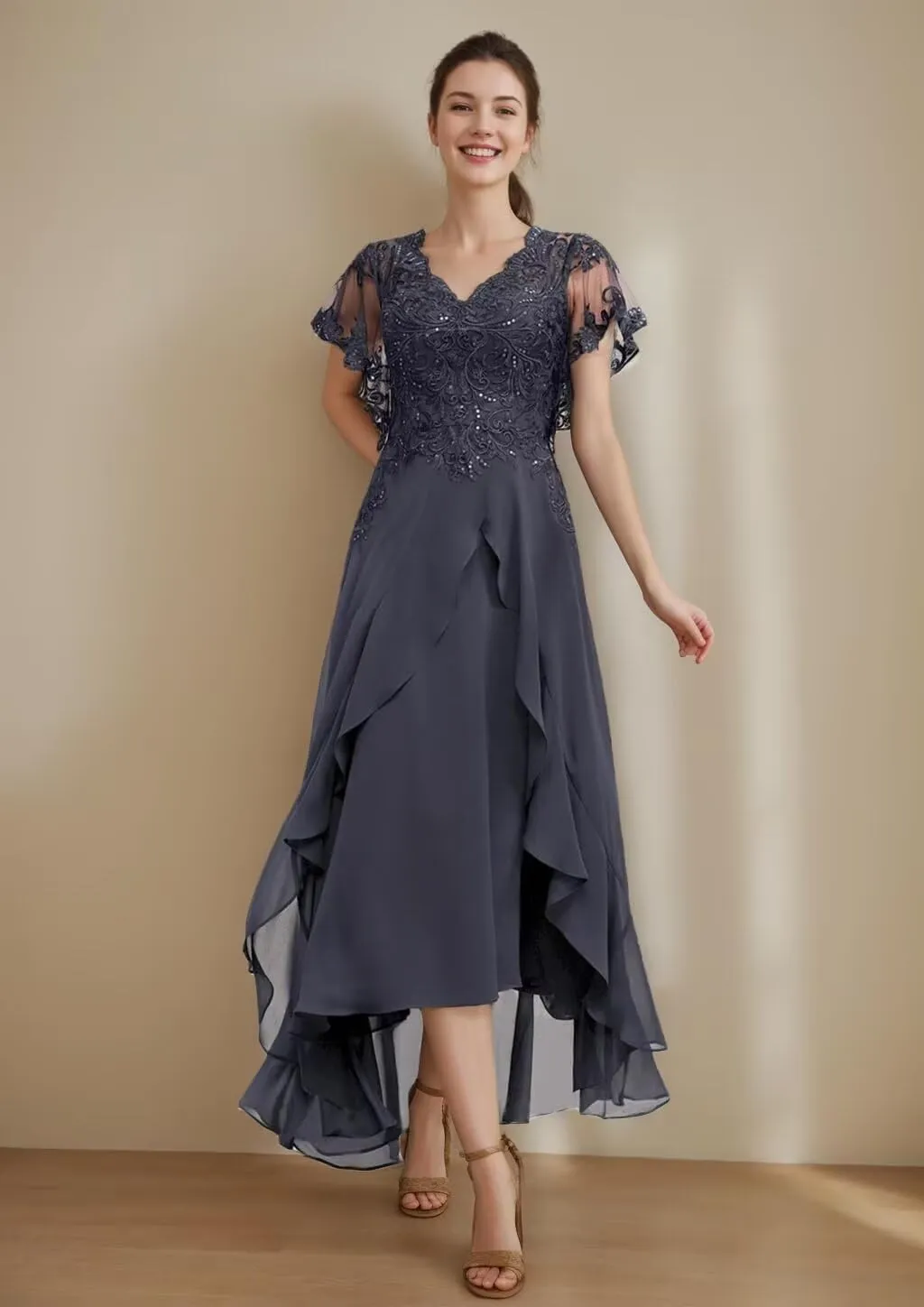 Tea Length Mother of The Bride Dresses for Wedding Chiffon Ruffle Lace Appliques Hi-Lo Formal Evening Gowns with Sleeves