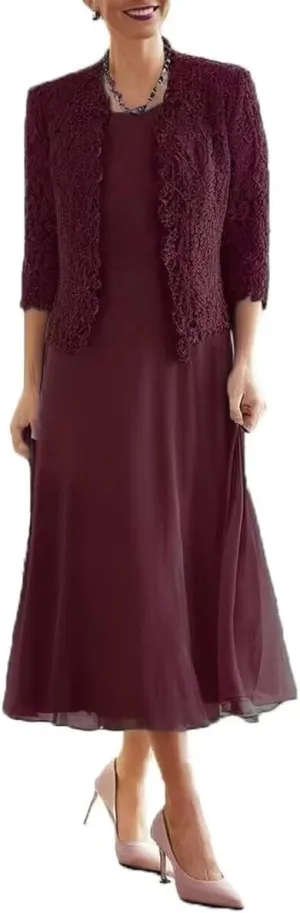 Tea Length Mother of The Bride Dresses for Wedding with Jacket Long Sleeve Lace Chiffon Formal Evening Gowns for Women