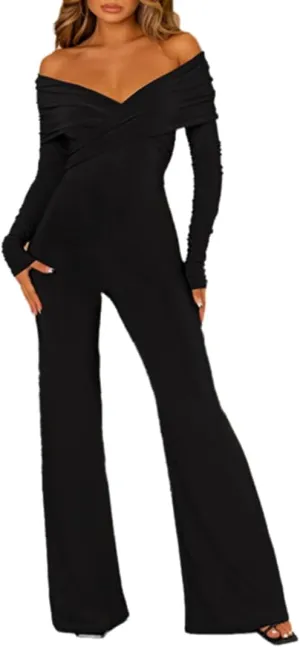 THLAI Jumpsuits for Women Solid Off Shoulder Long Sleeve One Piece Wide Pants Slim Sexy Jumpsuit Romper