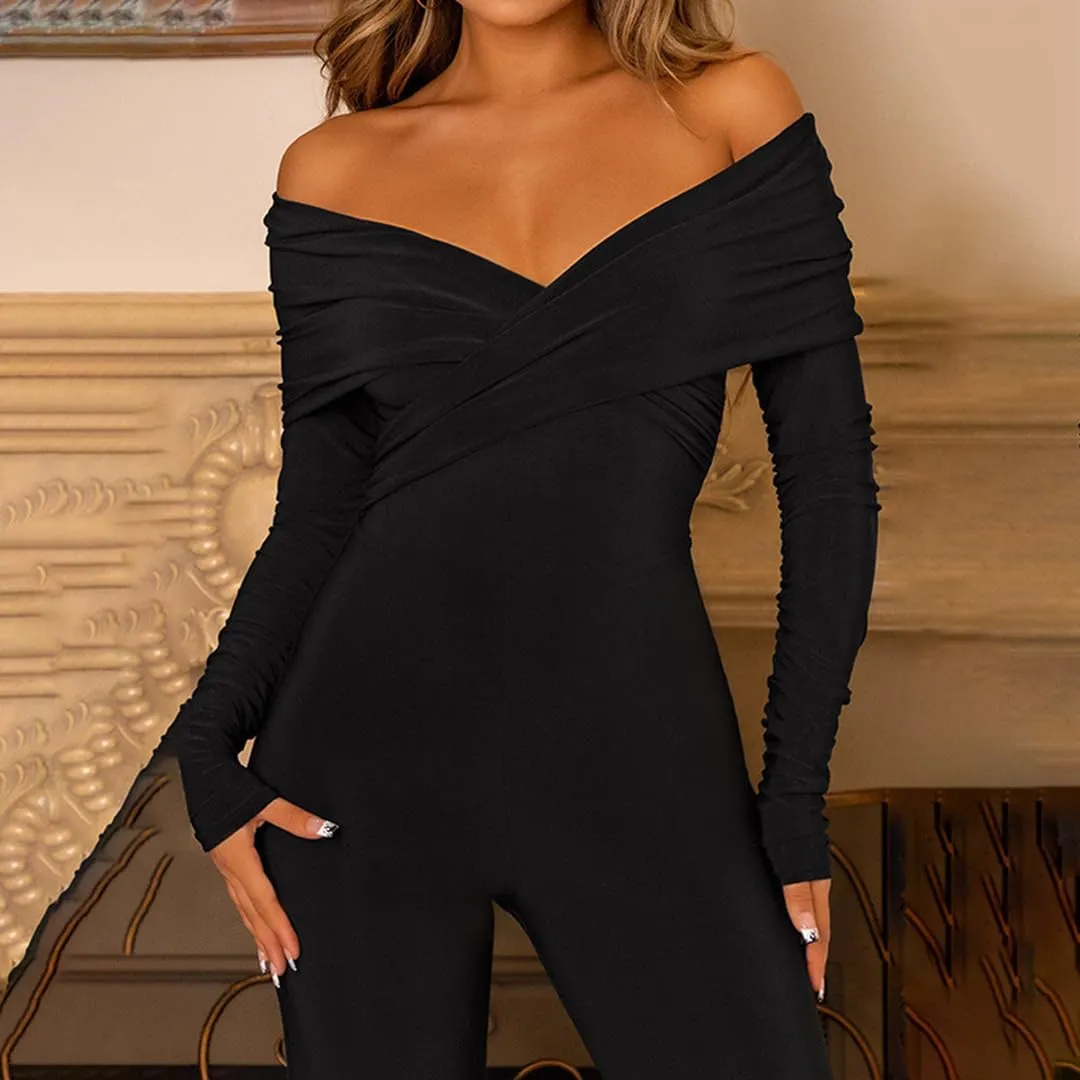 THLAI Jumpsuits for Women Solid Off Shoulder Long Sleeve One Piece Wide Pants Slim Sexy Jumpsuit Romper