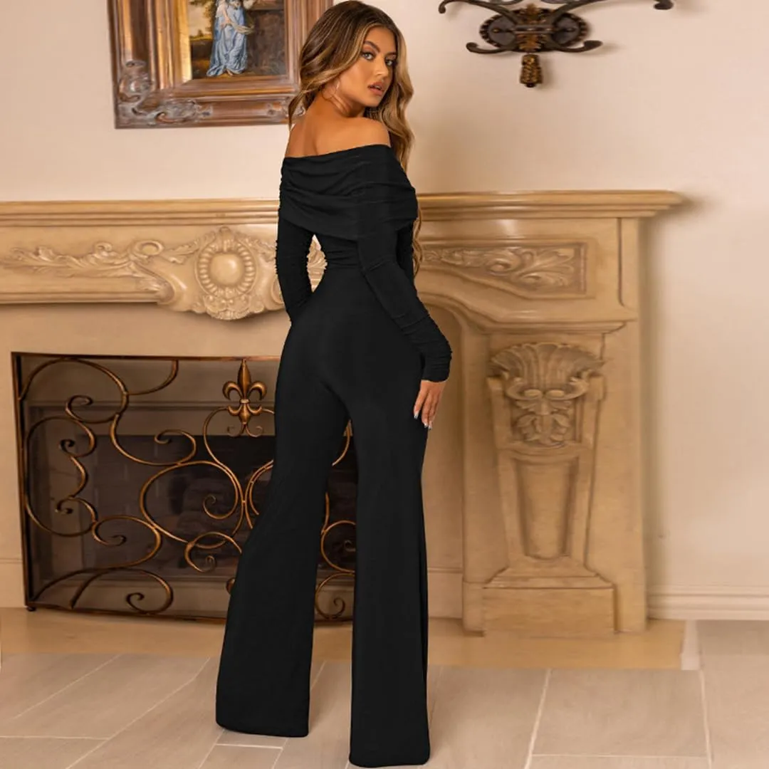 THLAI Jumpsuits for Women Solid Off Shoulder Long Sleeve One Piece Wide Pants Slim Sexy Jumpsuit Romper