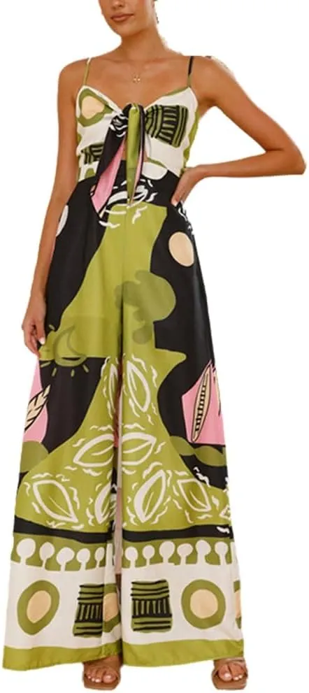 THLAI Sexy Jumpsuits for Women Floral Print Bowknot Cami Top Wide Leg Jumpsuits Summer Vacation One Piece Outfits
