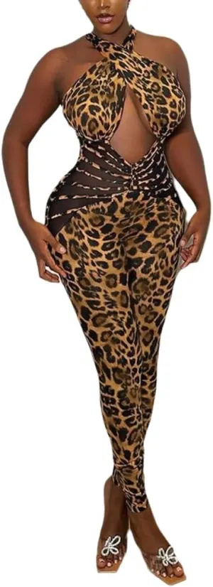 THLAI Sexy Leopard Jumpsuits for Women Halter Neck Bodycon Jumpsuits Back Hollow Out One Piece Outfits Clubwear