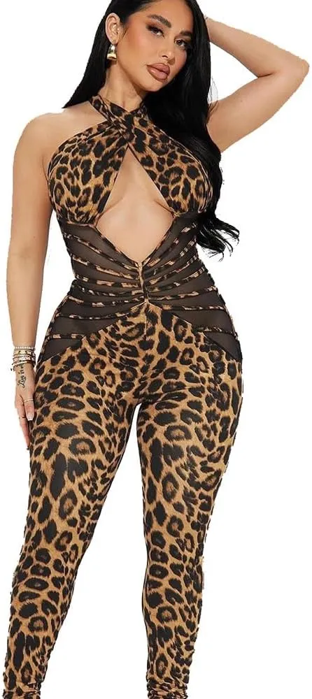 THLAI Sexy Leopard Jumpsuits for Women Halter Neck Bodycon Jumpsuits Back Hollow Out One Piece Outfits Clubwear