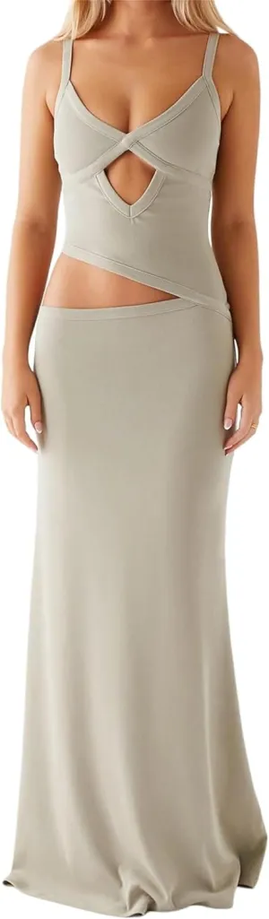 Thopavenoir Women's Sexy Cut Out Maxi Dress Backless Sleeveless Slip Dresses Elegant Bodycon Long Dress Cocktail Partywear