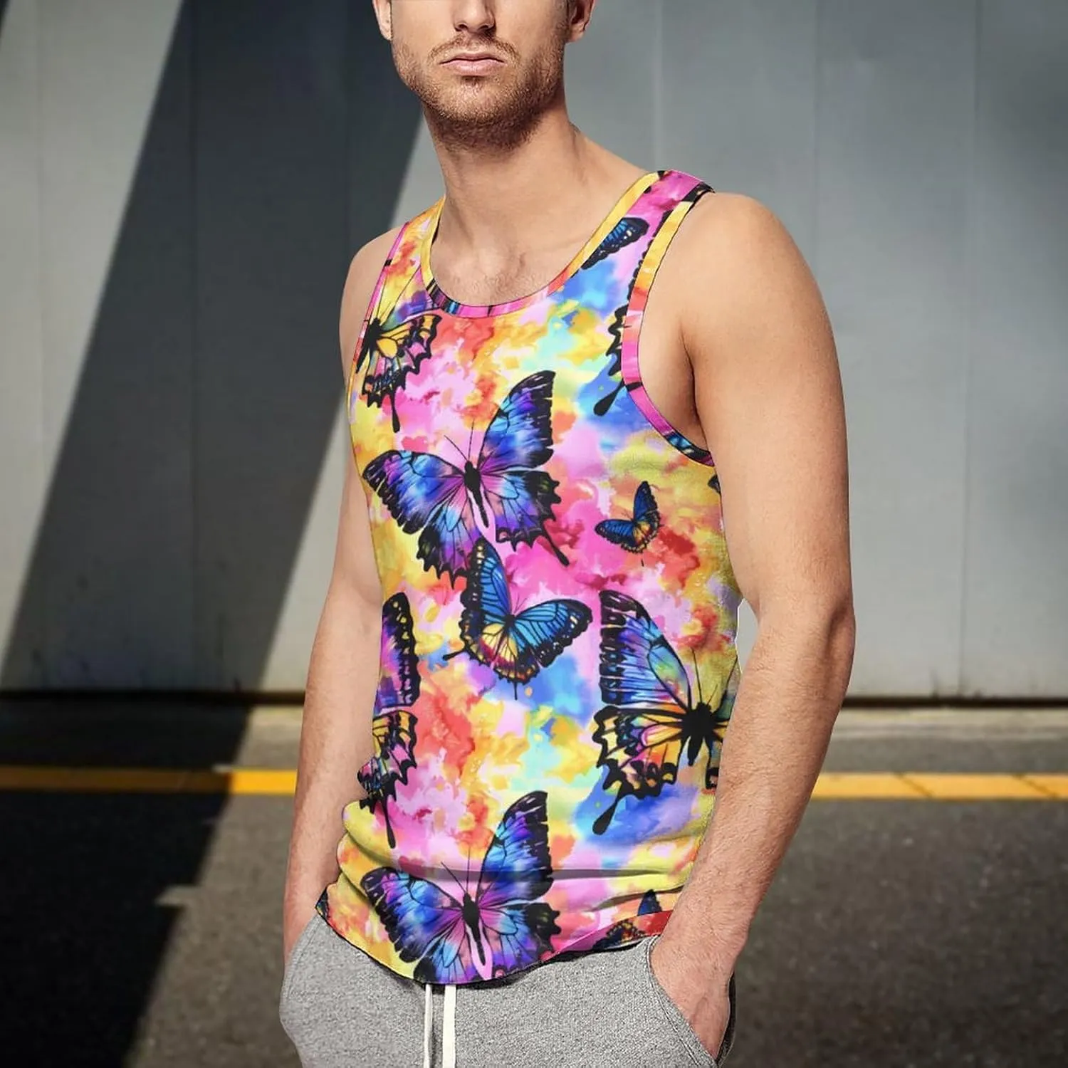 Tie Dye Butterfly Watercolor Men's Tank Tops Summer Sleeveless T-Shirts Gym Workout Tee Casual Beach Tee