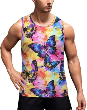 Tie Dye Butterfly Watercolor Men's Tank Tops Summer Sleeveless T-Shirts Gym Workout Tee Casual Beach Tee