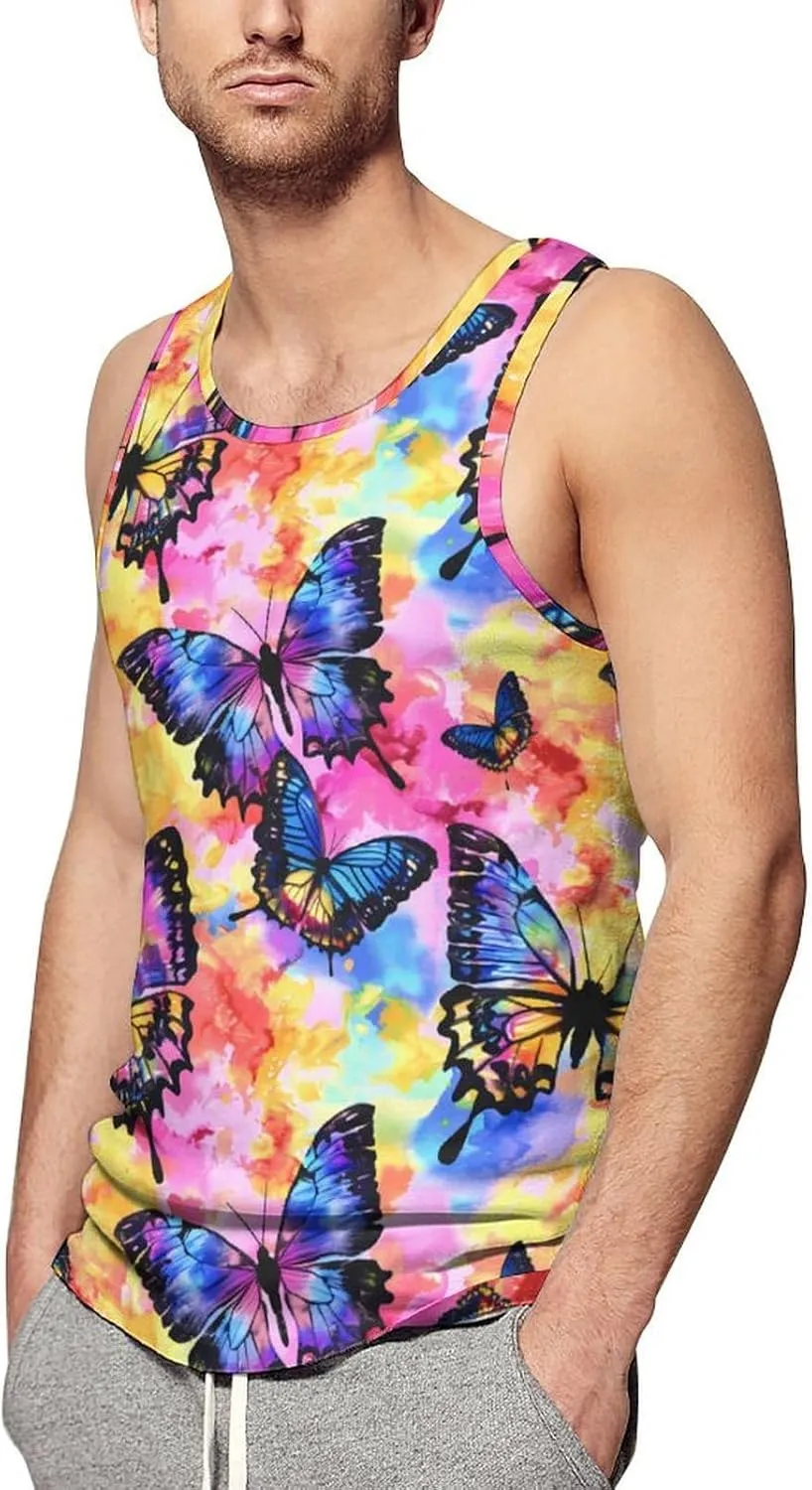 Tie Dye Butterfly Watercolor Men's Tank Tops Summer Sleeveless T-Shirts Gym Workout Tee Casual Beach Tee