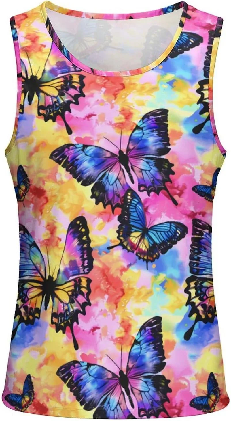 Tie Dye Butterfly Watercolor Men's Tank Tops Summer Sleeveless T-Shirts Gym Workout Tee Casual Beach Tee