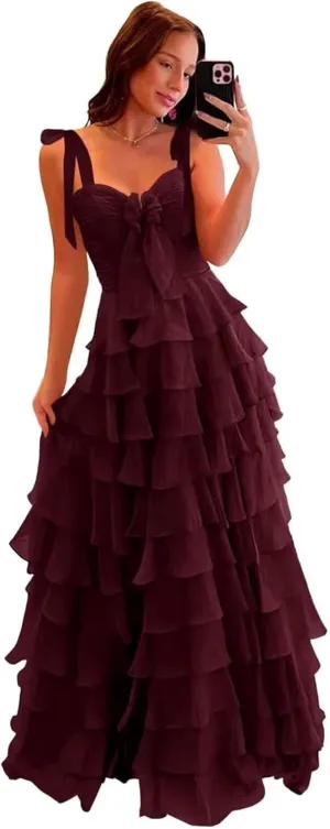Tiered Prom Dresses with Bow 2025 Spaghetti Straps Long Layered Ruffle Chiffon Ball Gowns with Slit IMC066