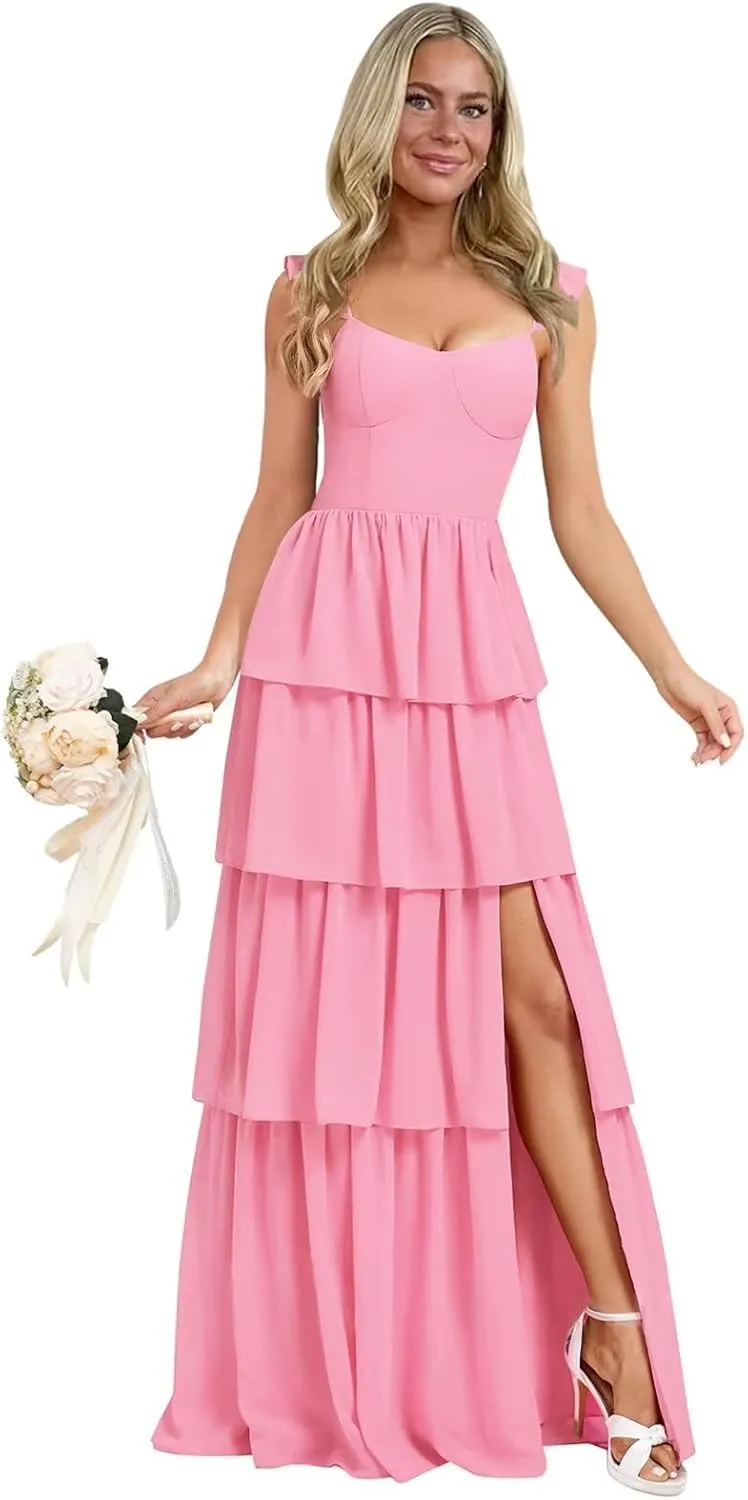 Tiered Ruffle Bridesmaid Dresses for Women 2025 Long Chiffon Formal Evening Dress with Slit