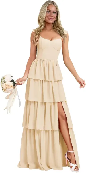 Tiered Ruffle Bridesmaid Dresses for Women 2025 Long Chiffon Formal Evening Dress with Slit
