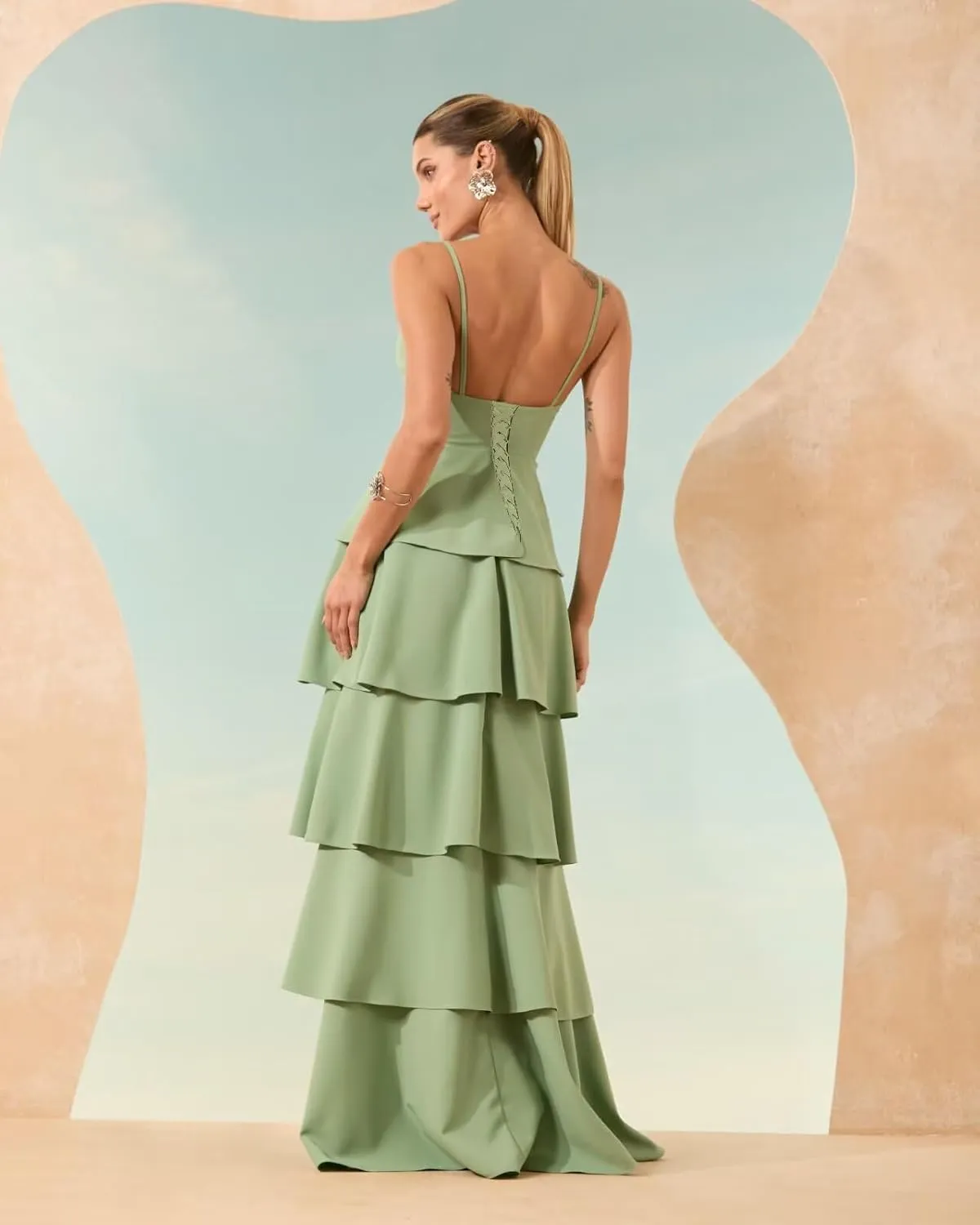 Tiered Ruffles Bridesmaid Dresses Long Chiffon V Neck Pleated Formal Evening Dress Hi011