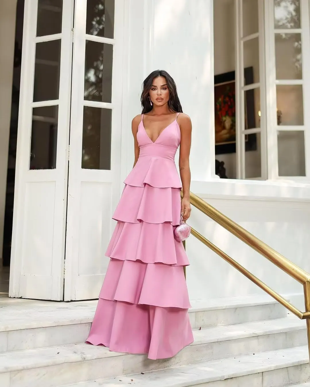 Tiered Ruffles Bridesmaid Dresses Long Chiffon V Neck Pleated Formal Evening Dress Hi011
