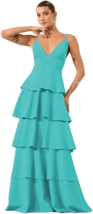 Tiered Ruffles Bridesmaid Dresses Long Chiffon V Neck Pleated Formal Evening Dress Hi011