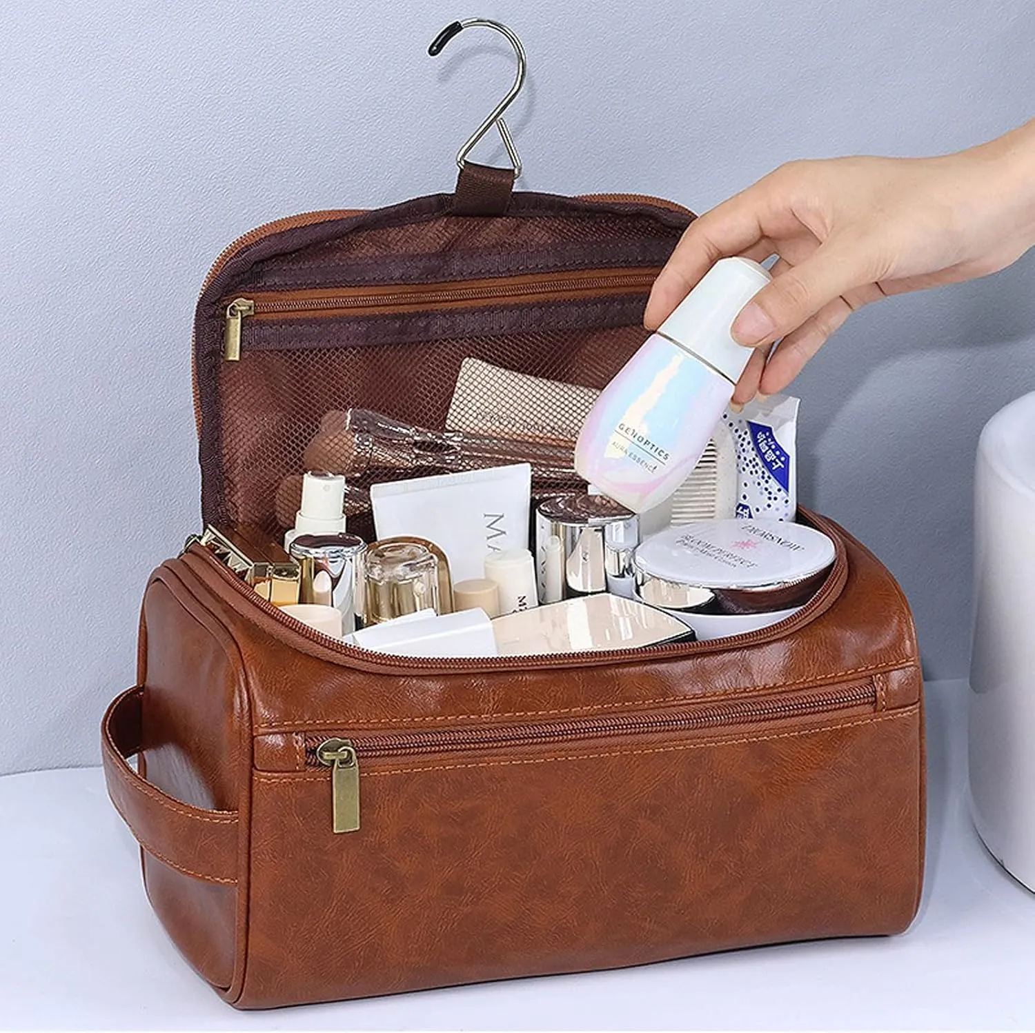 Travel Toiletry Bag for Men Women PU Leather Cosmetic Bags Travel Bag Organizer Water-resistant Bathroom Toiletries Accessories,Black
