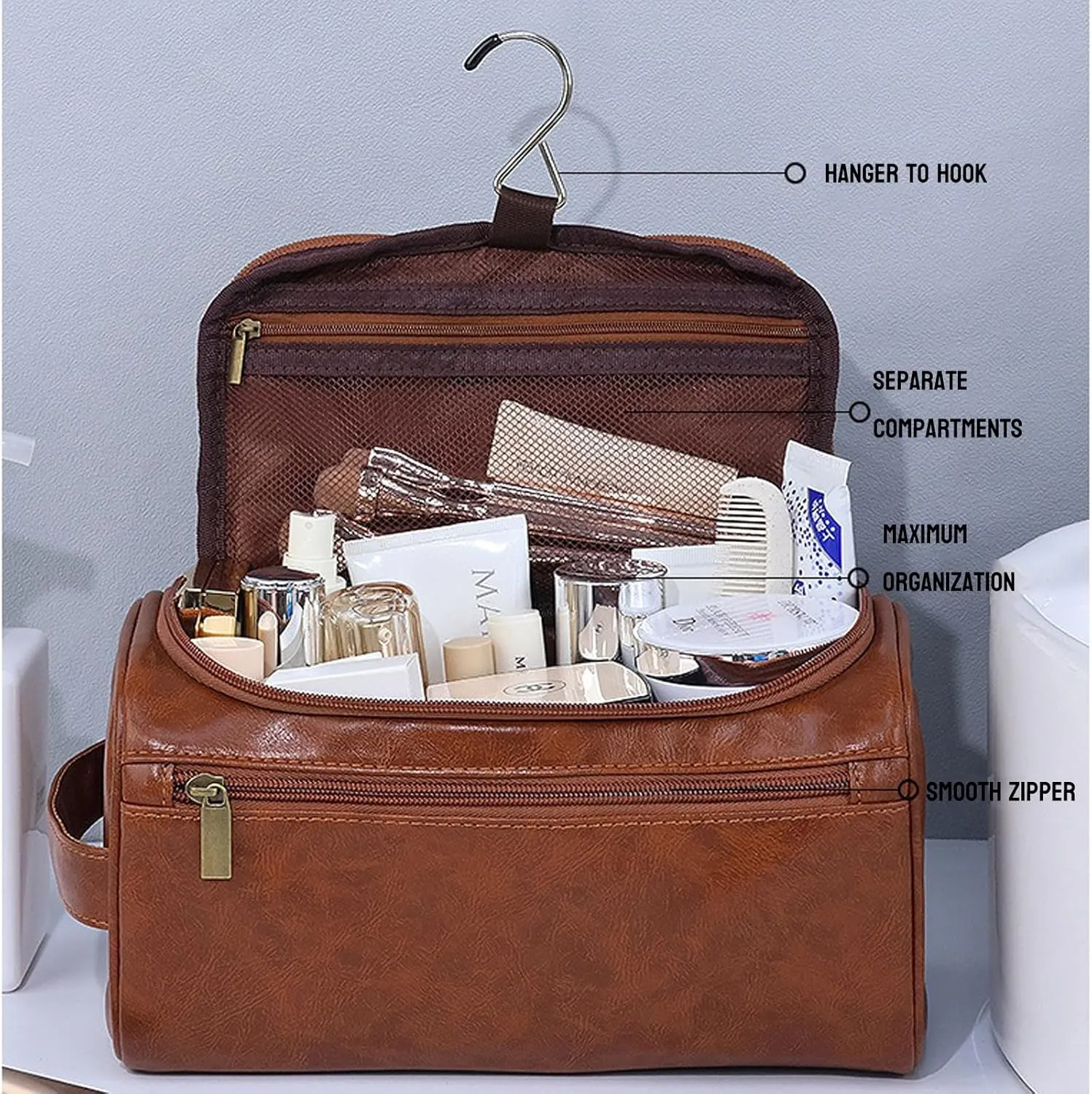 Travel Toiletry Bag for Men Women PU Leather Cosmetic Bags Travel Bag Organizer Water-resistant Bathroom Toiletries Accessories,Black