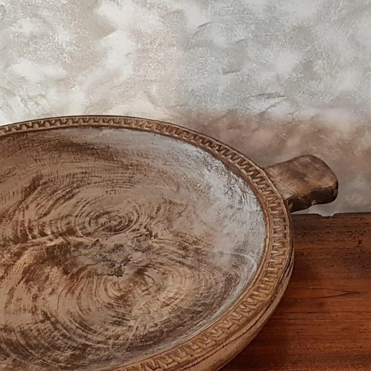 Tribal Patterned Large Brown Washed Wooden Bowl