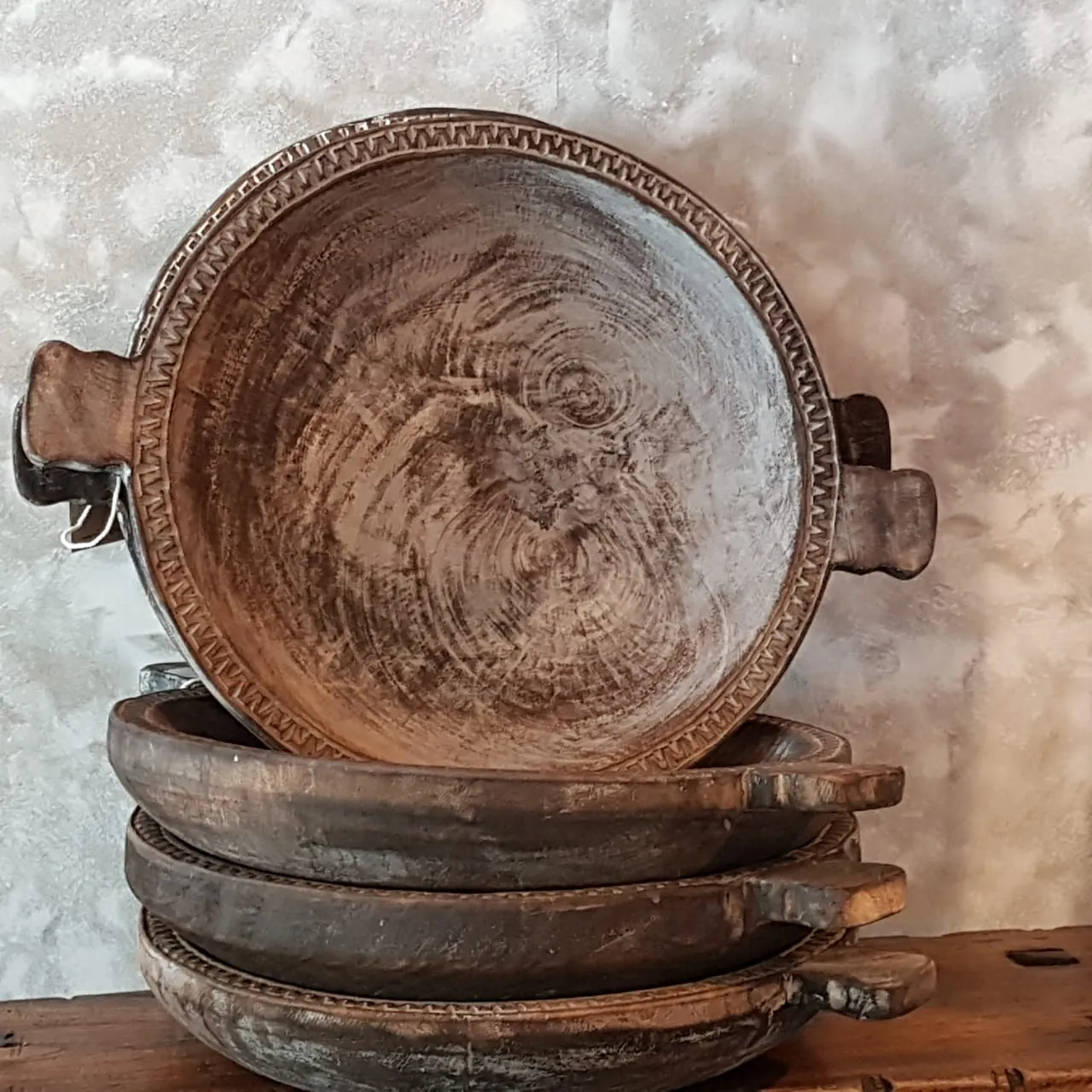Tribal Patterned Large Brown Washed Wooden Bowl
