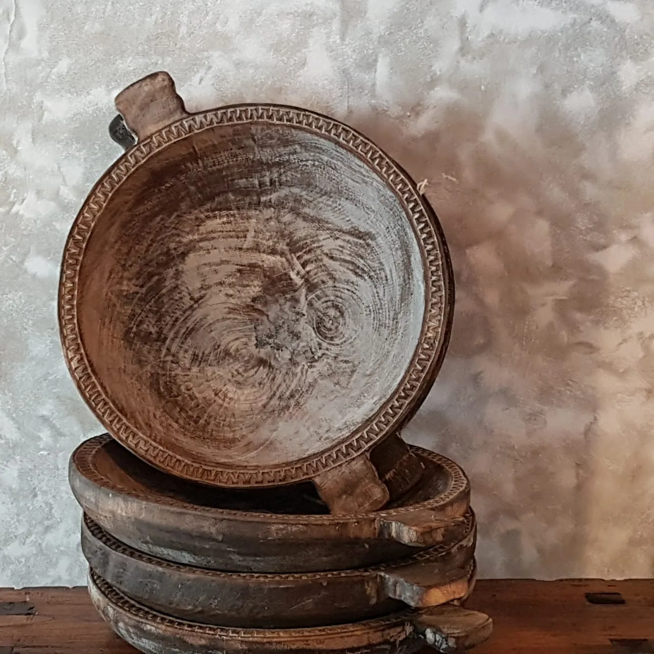 Tribal Patterned Large Brown Washed Wooden Bowl