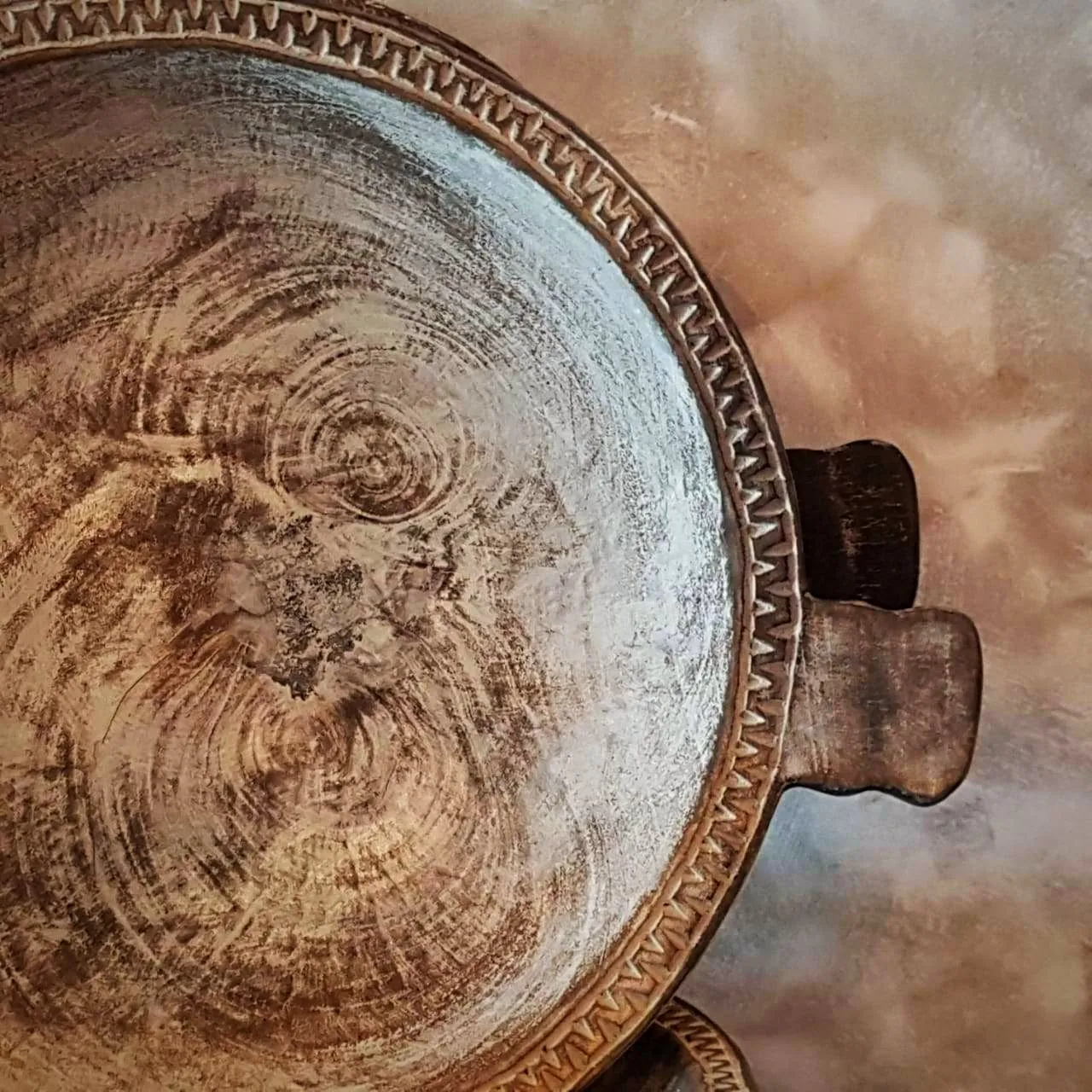 Tribal Patterned Large Brown Washed Wooden Bowl