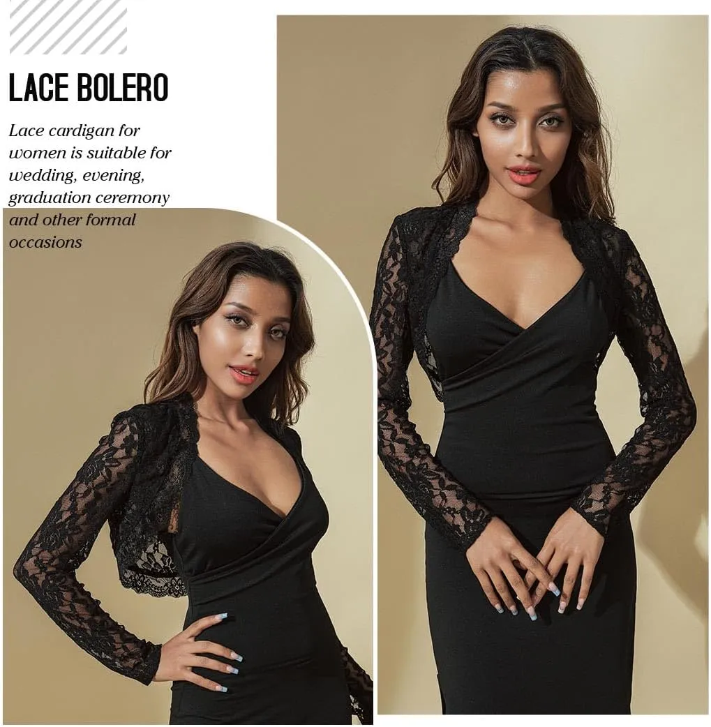 Unicra Women Lace Bolero Shrug for Dresses Elegant Floral Lace Shrug Top Open Front Sheer Long Sleeve Cropped Cardigan