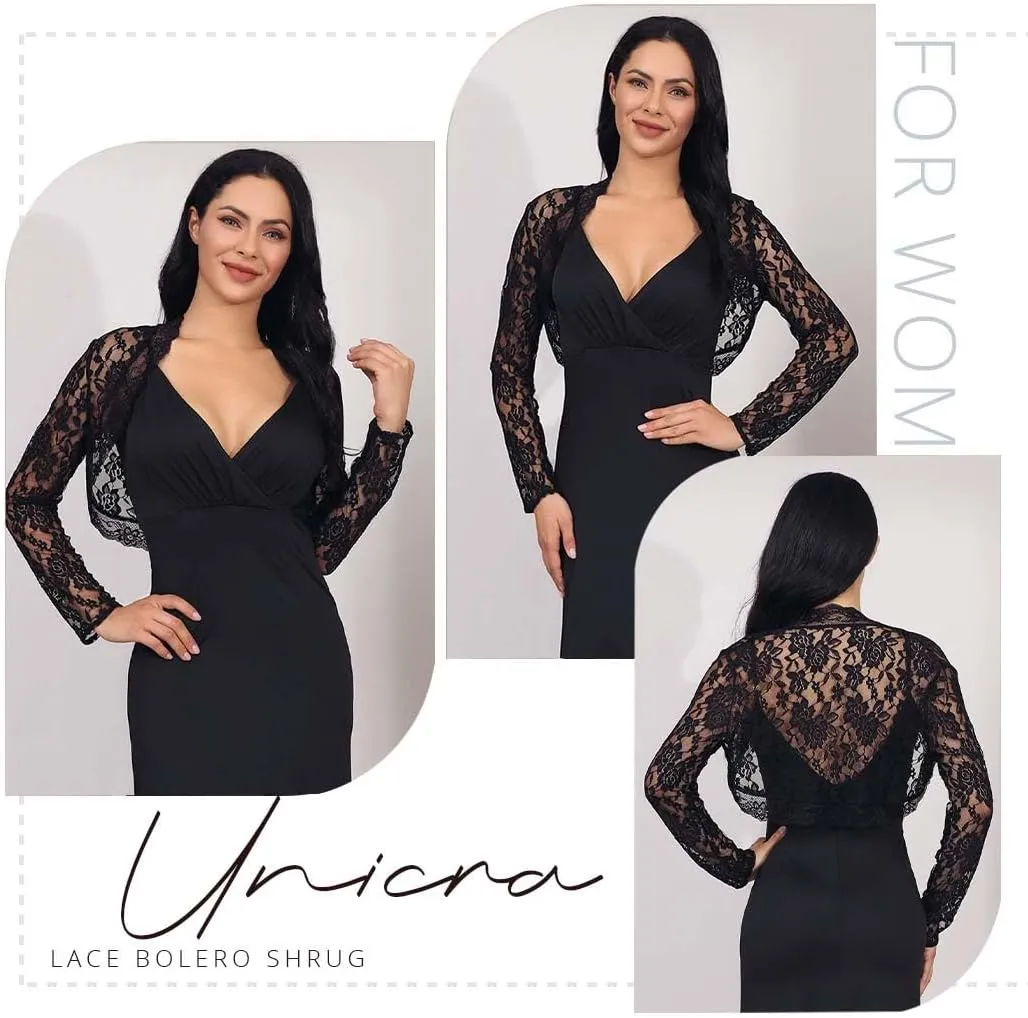 Unicra Women Lace Bolero Shrug for Dresses Elegant Floral Lace Shrug Top Open Front Sheer Long Sleeve Cropped Cardigan