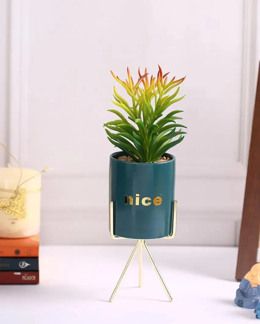 Urban Succulents Artificial Plant with Ceramic Pot & Metal Tripod Stand | 11 inches