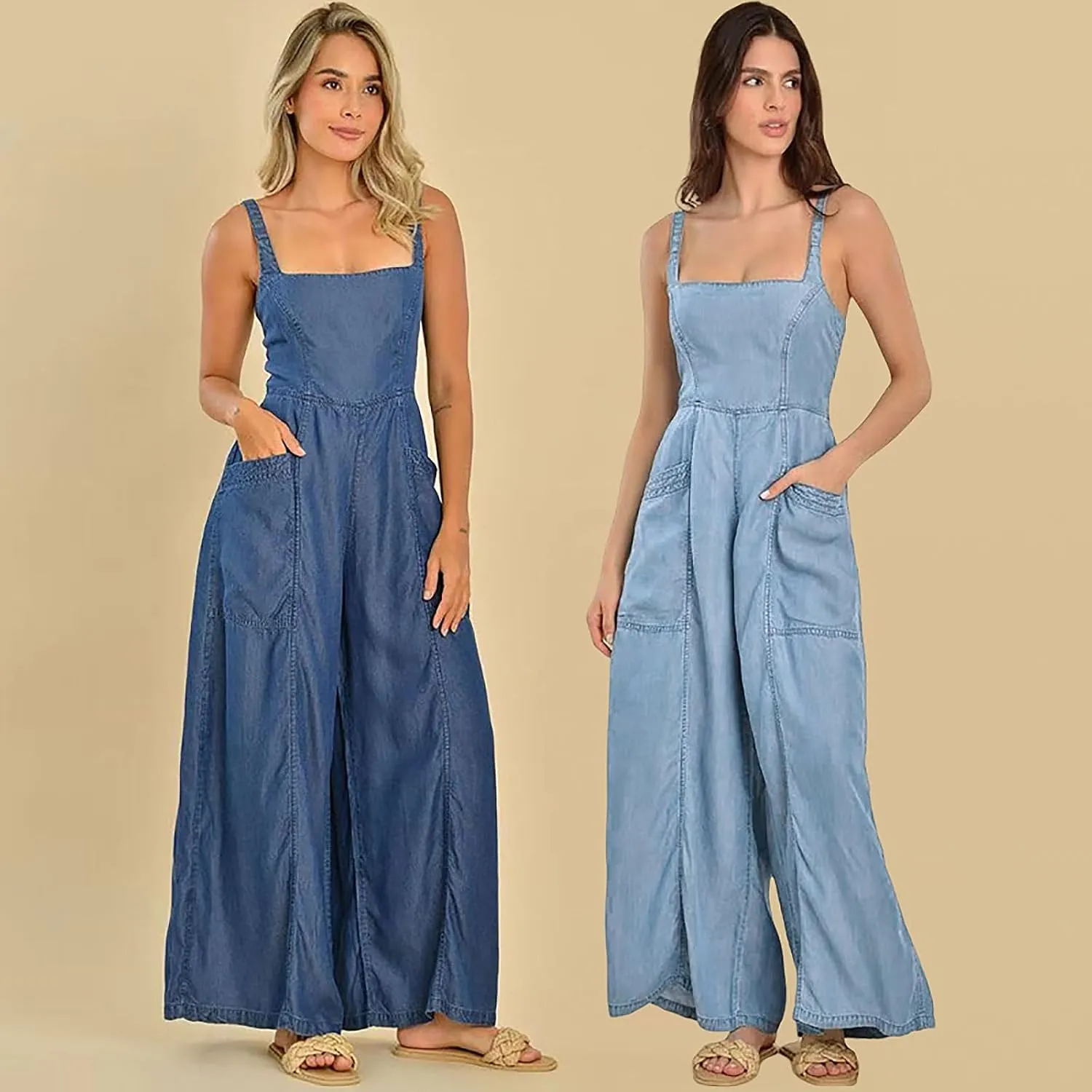 utcoco Women's Smocked Sleeveless Denim Jumpsuits Summer Casual Adjustable Strap Wide Leg Jeans Pants Bib Overalls