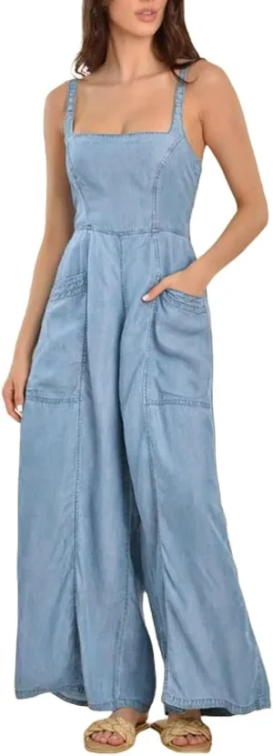 utcoco Women's Smocked Sleeveless Denim Jumpsuits Summer Casual Adjustable Strap Wide Leg Jeans Pants Bib Overalls