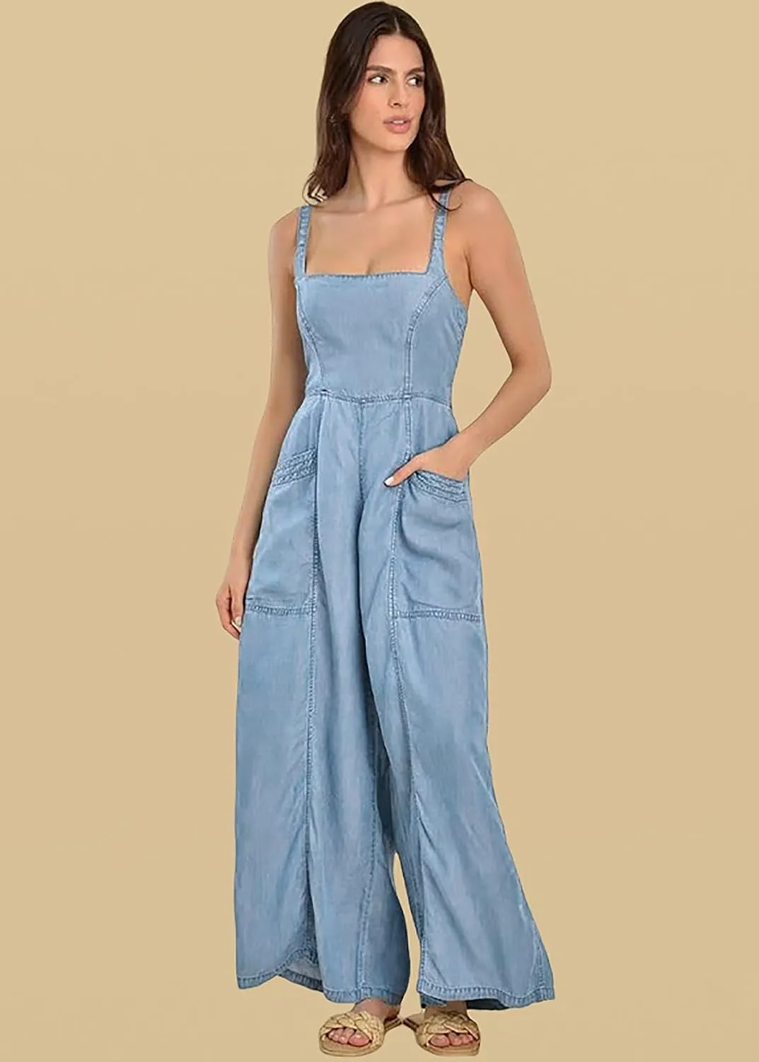 utcoco Women's Smocked Sleeveless Denim Jumpsuits Summer Casual Adjustable Strap Wide Leg Jeans Pants Bib Overalls