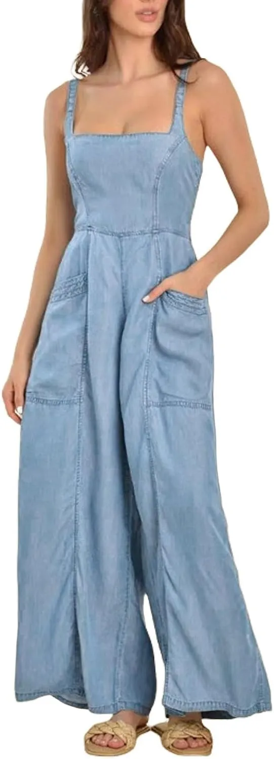 utcoco Women's Smocked Sleeveless Denim Jumpsuits Summer Casual Adjustable Strap Wide Leg Jeans Pants Bib Overalls