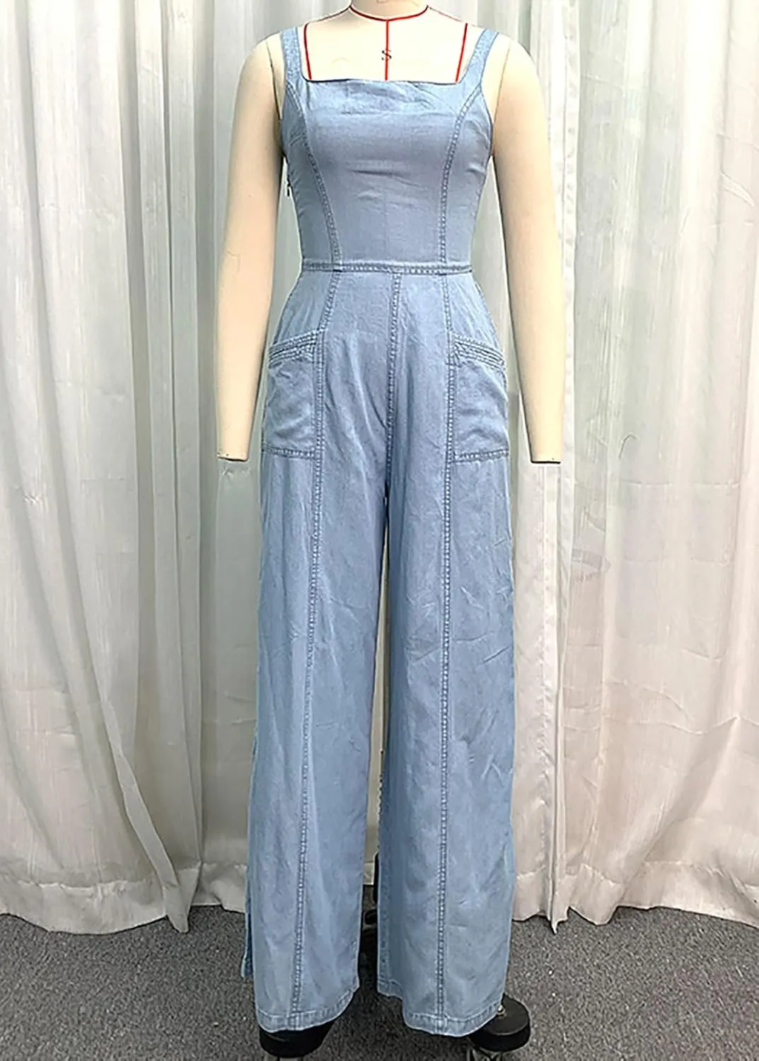 utcoco Women's Smocked Sleeveless Denim Jumpsuits Summer Casual Adjustable Strap Wide Leg Jeans Pants Bib Overalls
