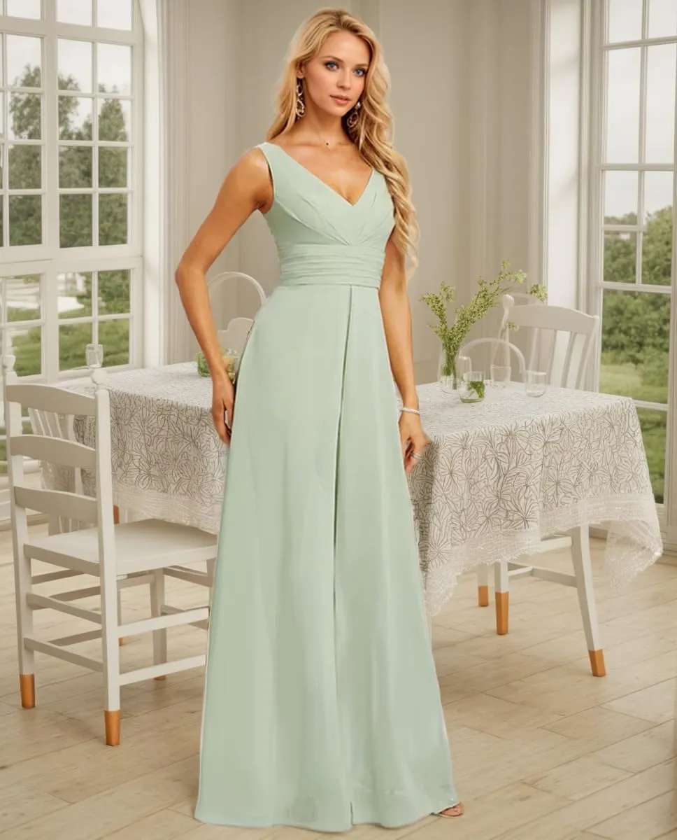 V Neck Chiffon Bridesmaid Pantsuits 2025 High Waisted Split Pleated Wedding Guest Dresses